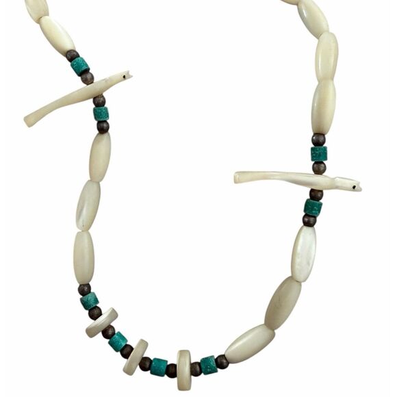 Heishi Shell Mother Of Pearl Turquoise Carved Birds Fetish Zuni Necklace 15” Vtg - Picture 2 of 4